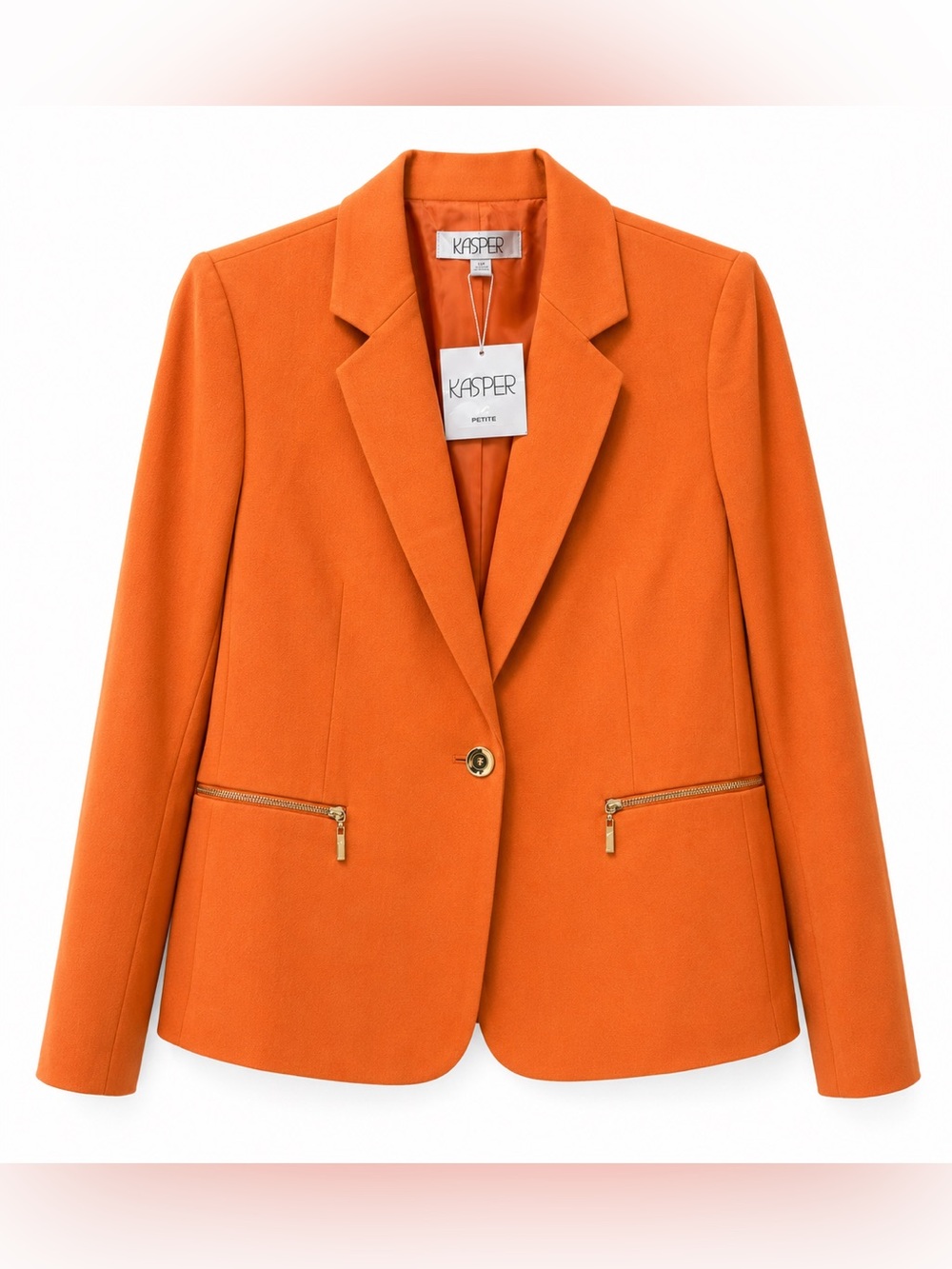Kasper Petite 12P NWT Orange One-Button Blazer Gold Zip Pocket Career Jacket - Picture 2 of 7